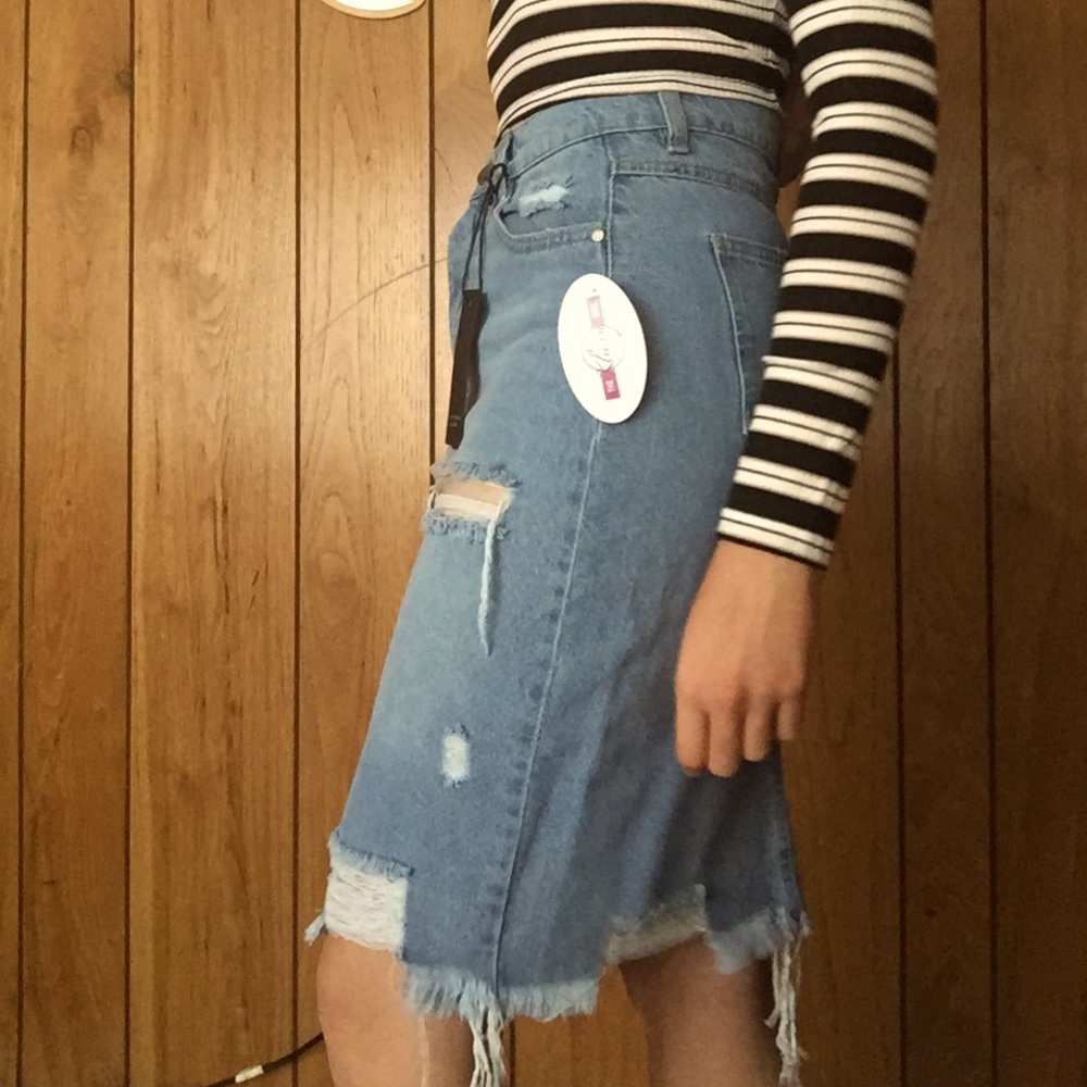 Distressed denim midi skirt